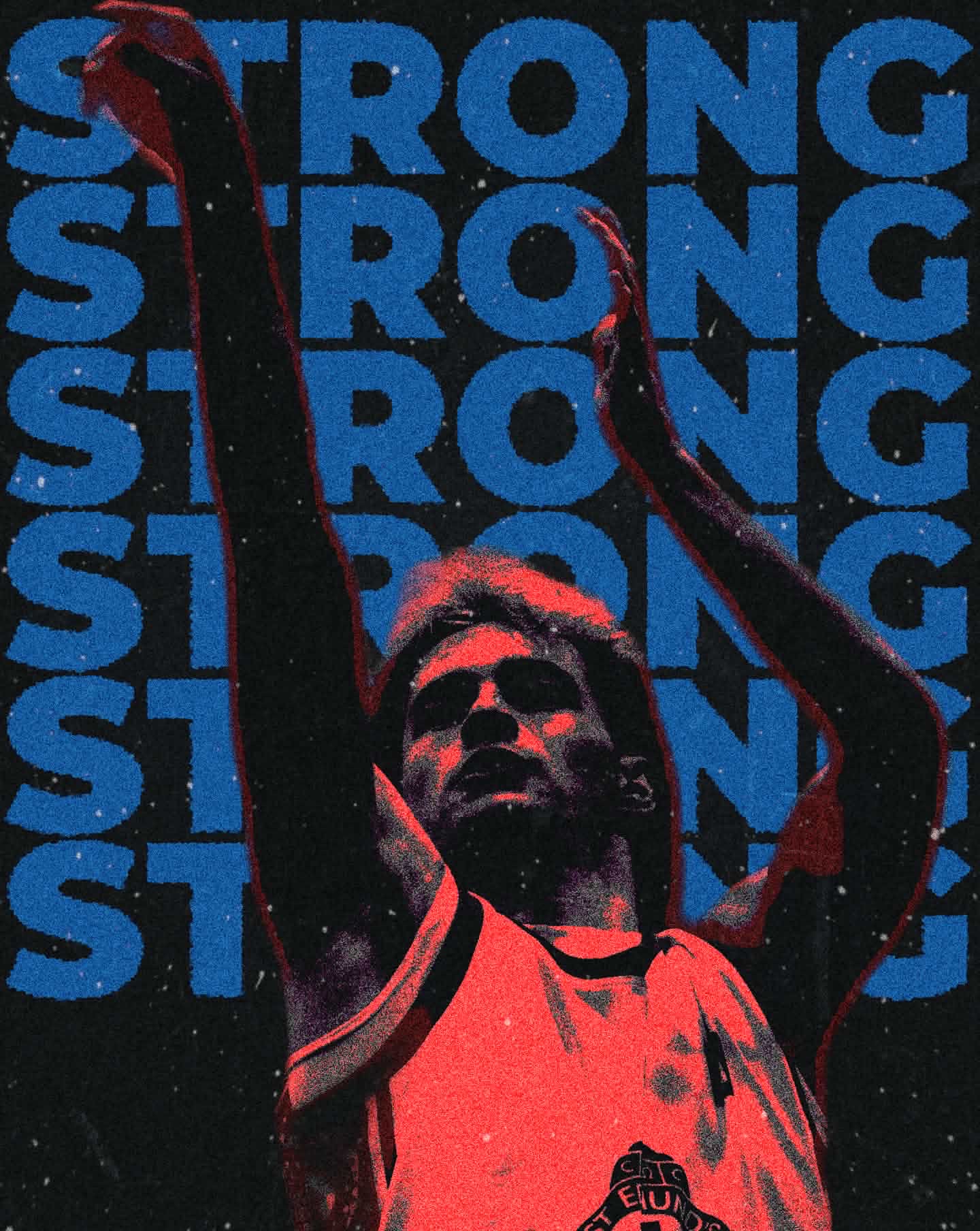 Athlete in a red hooded top against a blue graphic backdrop